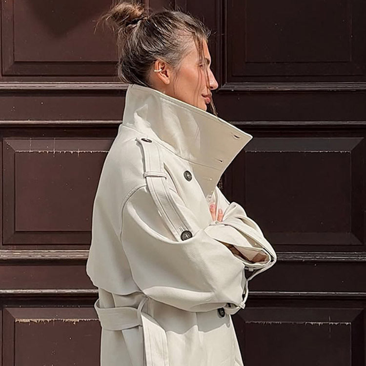 Women's waistless long trench coat in oversized cut with double button placket and shoulder flaps EVA-US