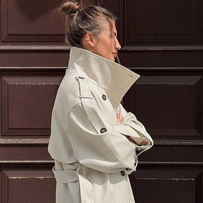 Women's waistless long trench coat in oversized cut with double button placket and shoulder flaps EVA-US