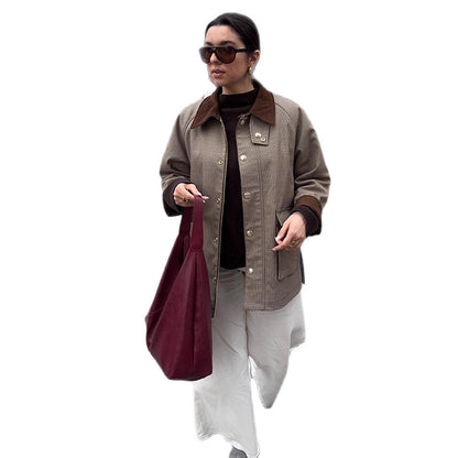 Women Oversized Field Jacket with Velvet Collar and Large Flap Pockets EVA-US
