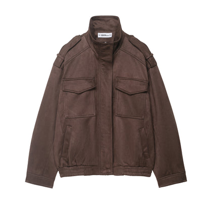 Women's field bomber jacket in suede look with high collar, flap pockets and epaulettes EVA-US