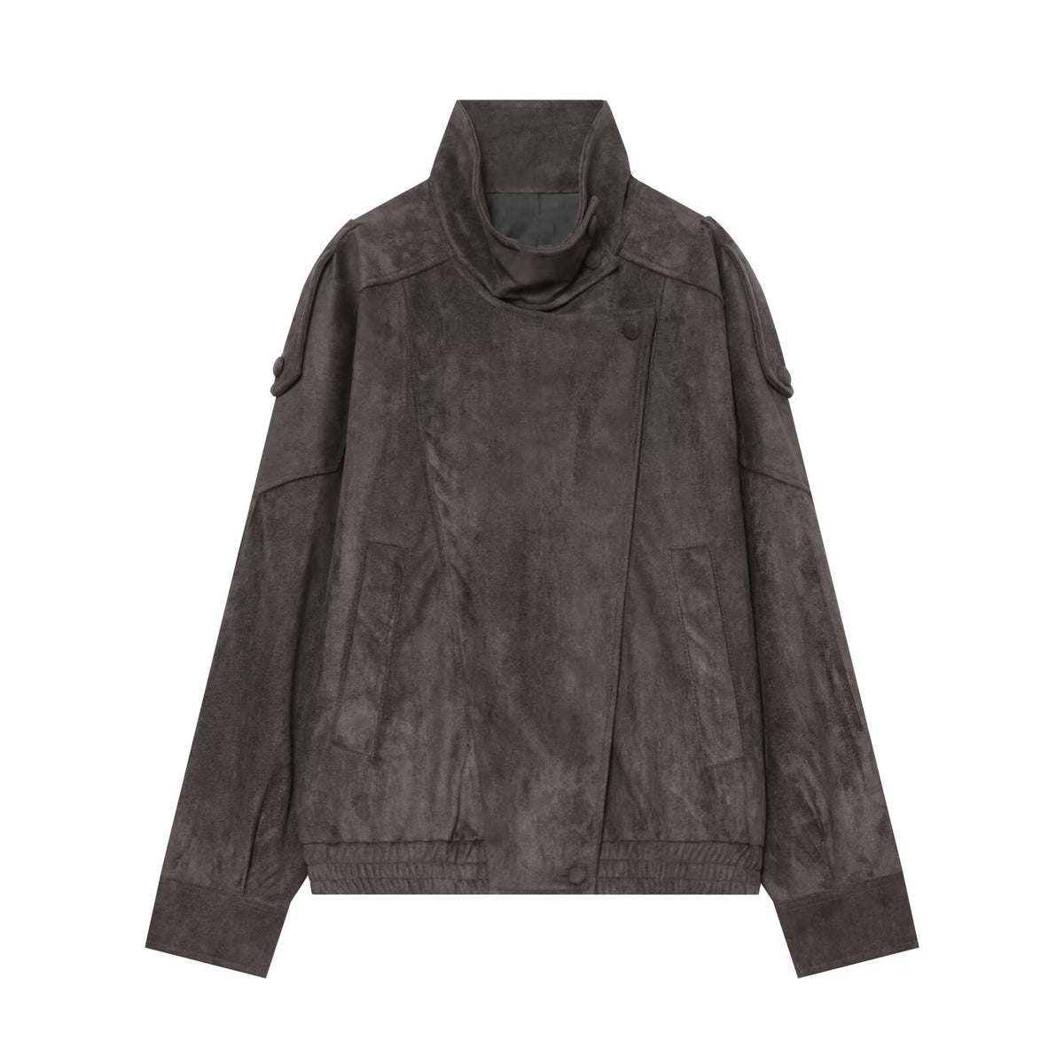 Women's Oversized Suede Look Bomber Jacket with High Stand-Up Collar, Shoulder Tabs, and Elastic Hem