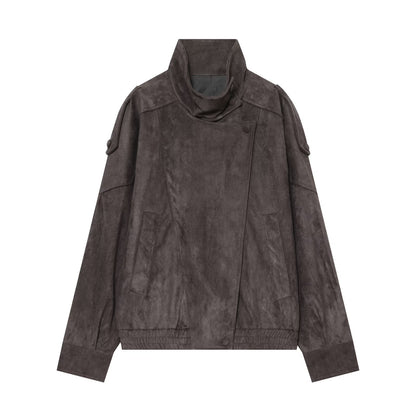 Women's Oversized Suede Look Bomber Jacket with High Stand-Up Collar, Shoulder Tabs, and Elastic Hem