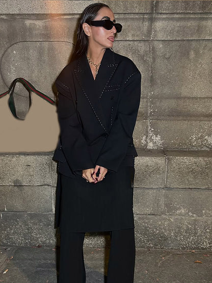 Women Oversized Two-Piece Boxy Blazer and Wide Pleated Trousers with Decorative Stitching EVA-US