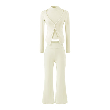 Women Figure-Hugging Layering Set with Turtleneck Long Sleeve and Asymmetrical Button Jacket and Flared High-Waist Pants EVA-US