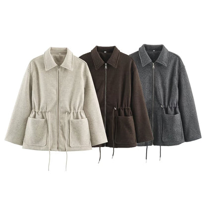 Women's short jacket made of wool blend with drawstring waist and patch pockets EVA-US