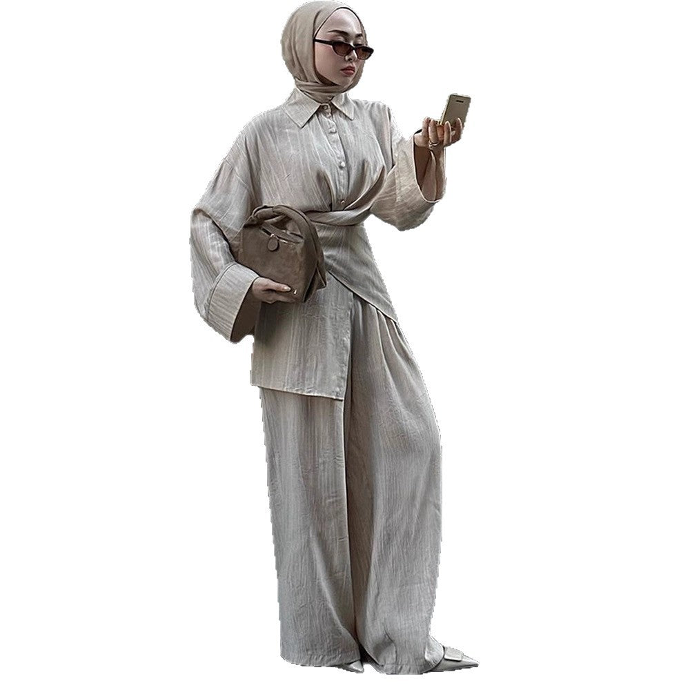 Women's casual tunic set with wrap belt and wide palazzo pants EVA-US