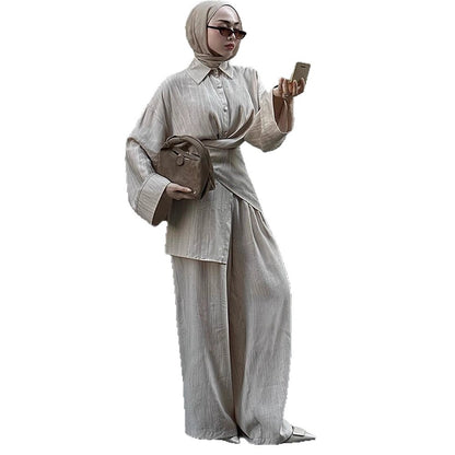 Women's casual tunic set with wrap belt and wide palazzo pants EVA-US