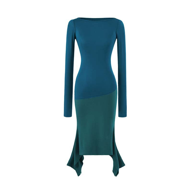 Women Figure-Hugging Midi Dress with Asymmetrical Hem and Panel Design EVA-US
