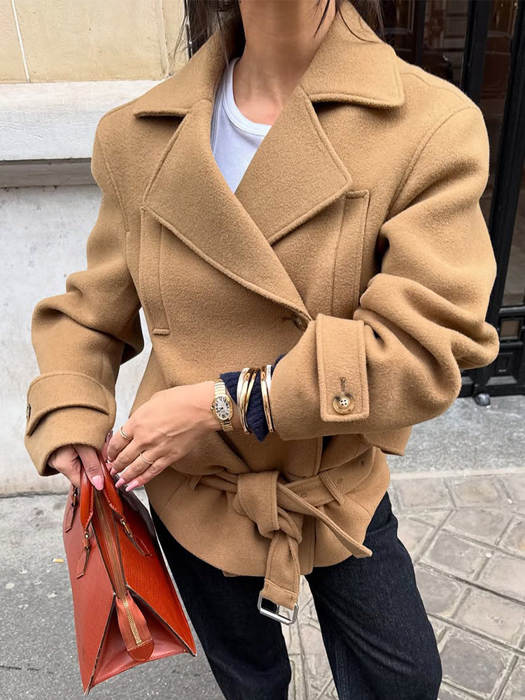 Women's Tailored Wool Blend Short Coat with Tie Belt, Wide Lapels and Button Cuffs EVA-US