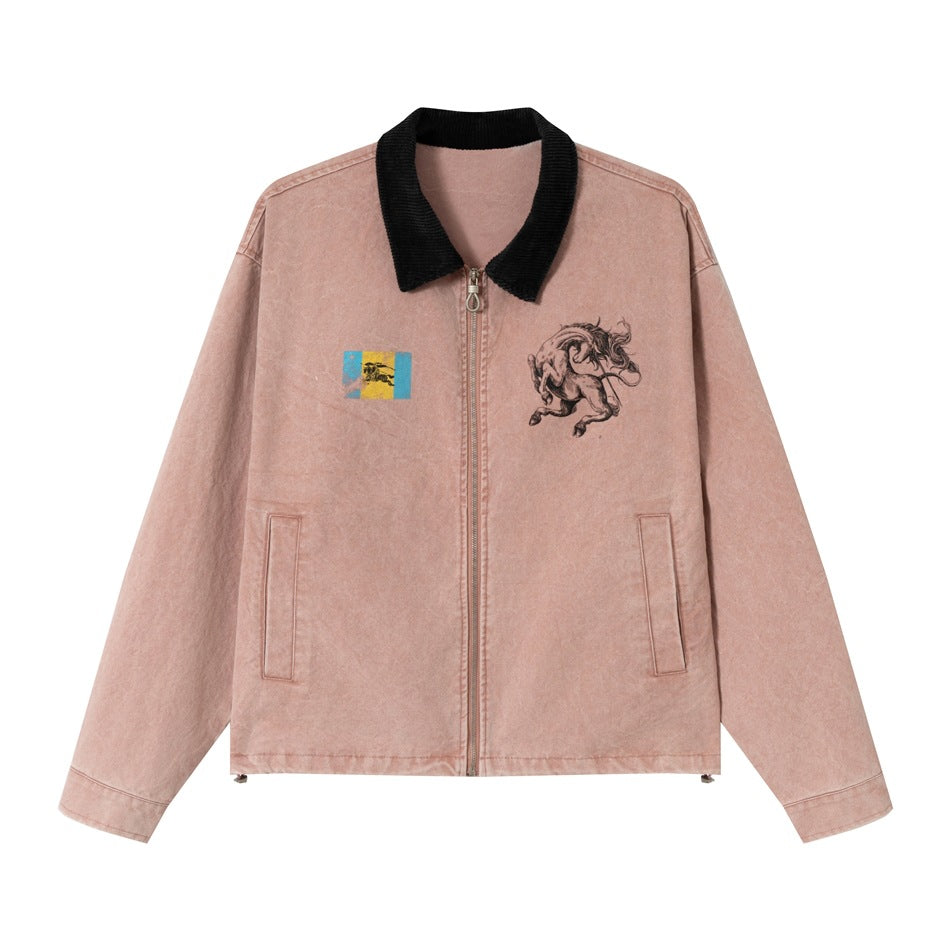 Unisex Boxy Blouson Jacket made of washed cotton twill with cord collar and print details EVA-US