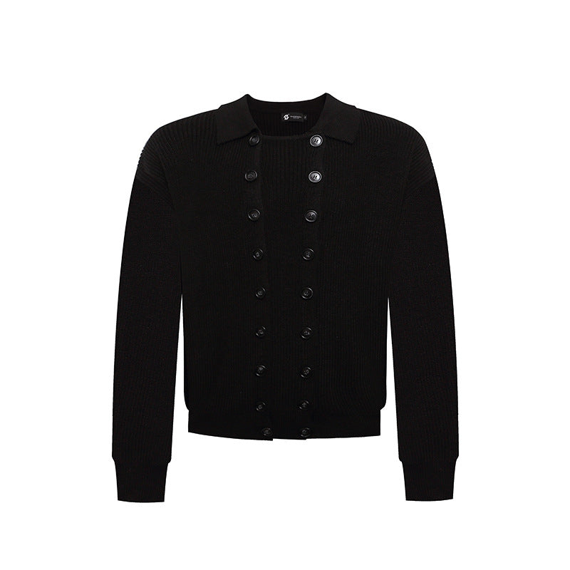 Men's Double-Breasted Knit Cardigan with Shirt Collar and Ribbed Cuffs EVA-US