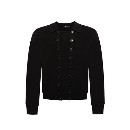 Men's Double-Breasted Knit Cardigan with Shirt Collar and Ribbed Cuffs EVA-US