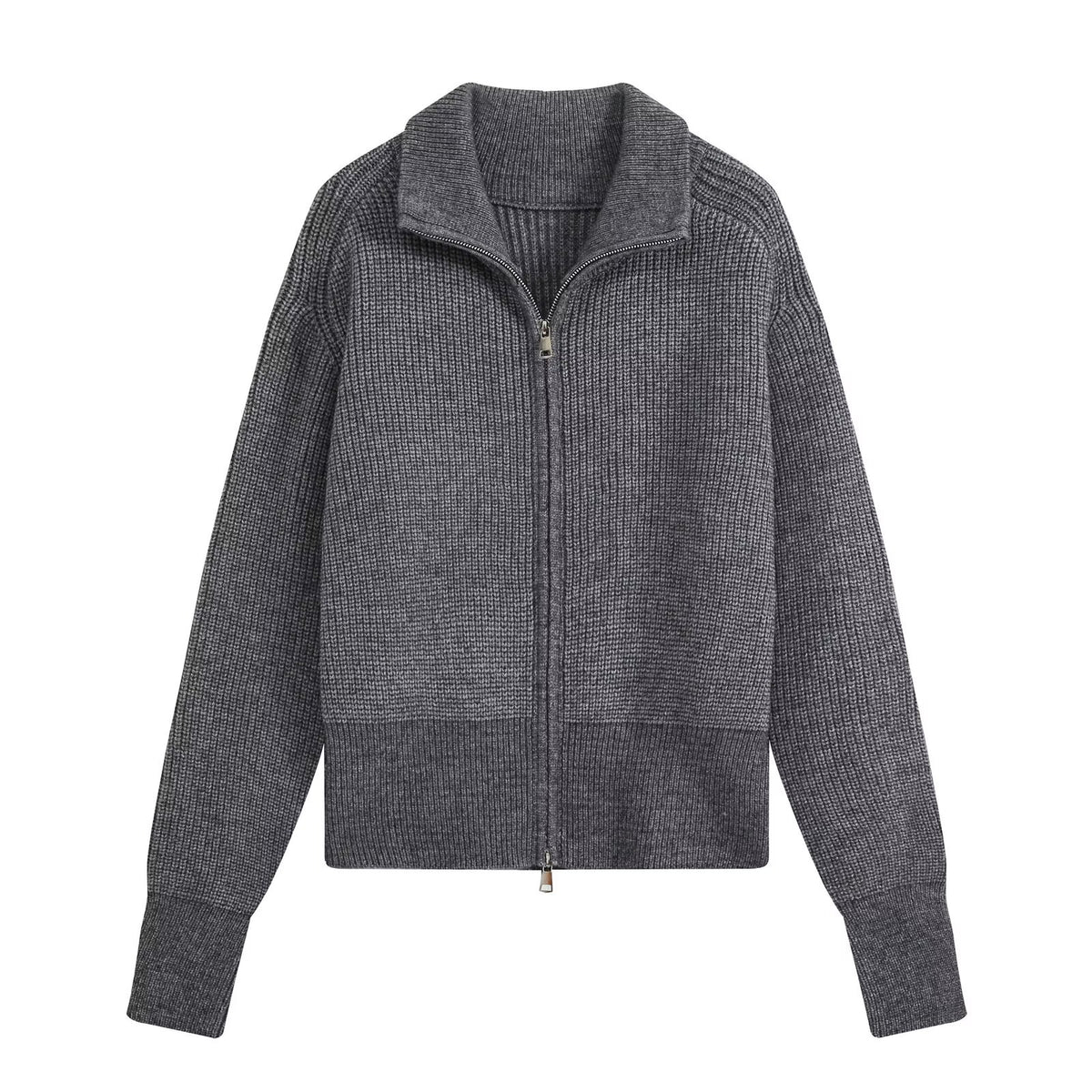 Women's Two-Piece Knit Set with Zipper Cardigan, Stand Collar and Wide Leg Trousers