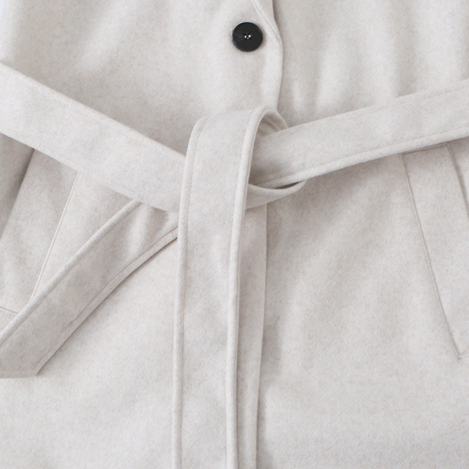 Women's Midi-Length Wool Blend Coat with Shawl Collar and Tie Belt EVA-US