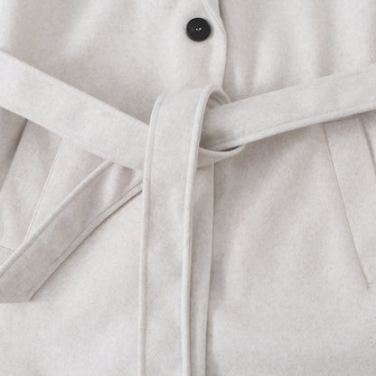 Women's Midi-Length Wool Blend Coat with Shawl Collar and Tie Belt EVA-US