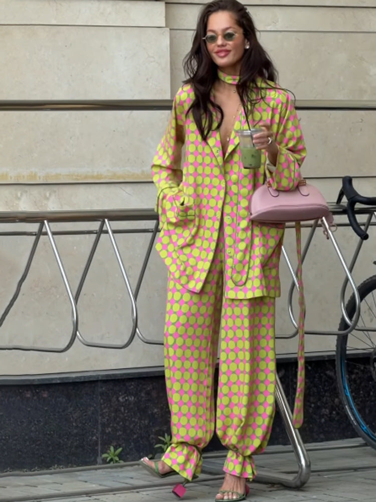 Women Two-Piece Silk Look Suit Set with Oversized Blazer, Wide Pleated Trousers & Matching Tube Scarf EVA-US