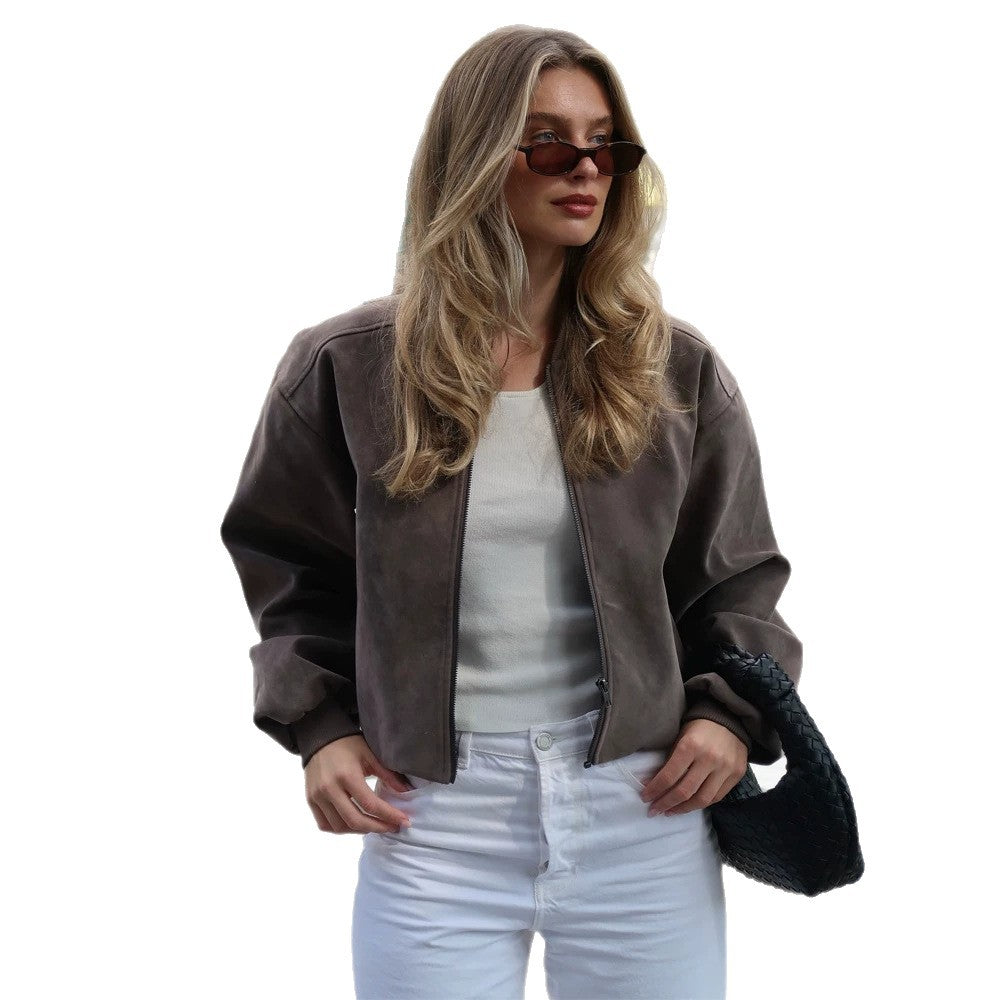 Women's Short Boxy Suede Bomber Jacket with Stand Collar and Ribbed Cuffs EVA-US