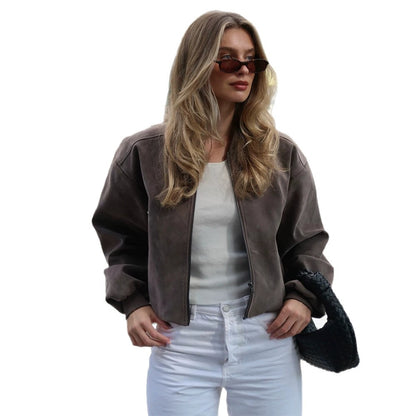 Women's Short Boxy Suede Bomber Jacket with Stand Collar and Ribbed Cuffs EVA-US