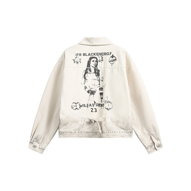 Unisex Boxy Denim Jacket with Worn Paint Effect and Subtle Embroidery EVA-US