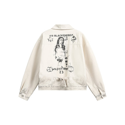 Unisex Boxy Denim Jacket with Worn Paint Effect and Subtle Embroidery EVA-US
