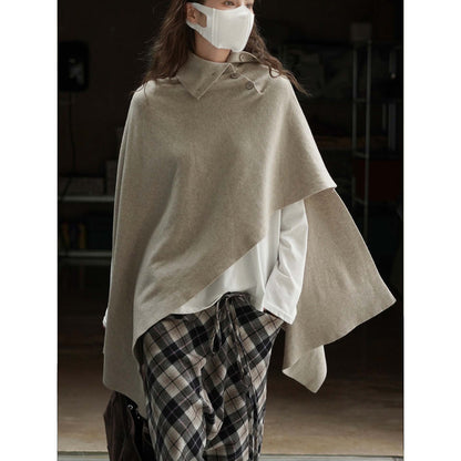 Women's Asymmetrical Knit Poncho with Button Collar and Oversized Silhouette EVA-US