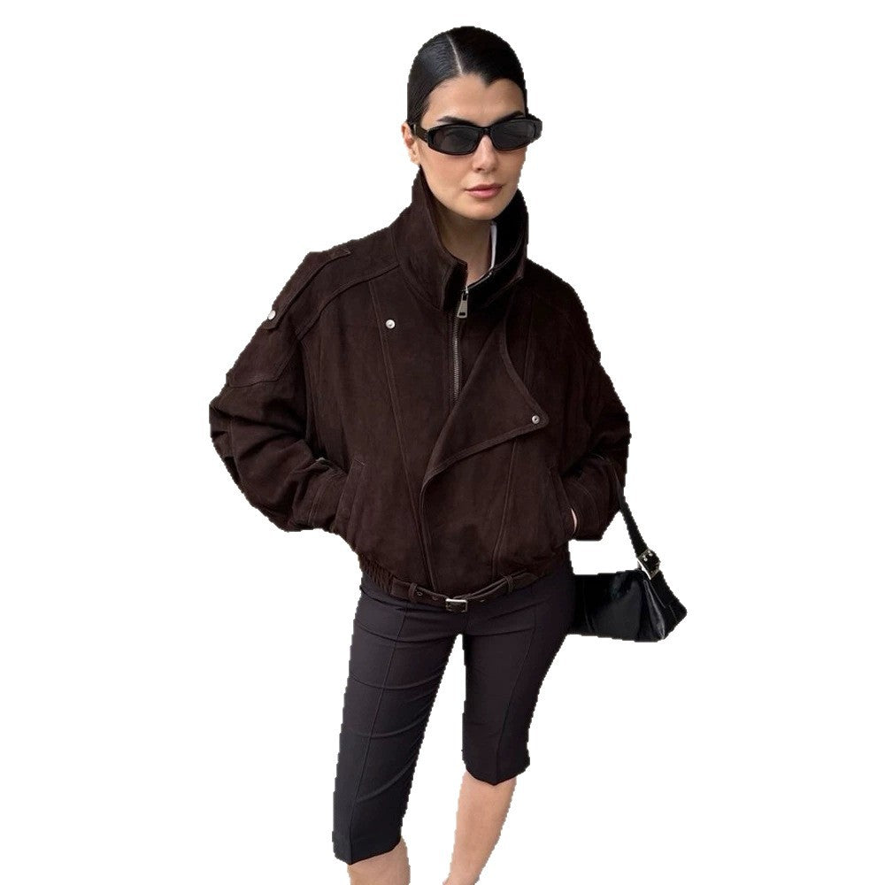 Women Short Velour Leather Bomber Jacket with High Stand-Up Collar and Waist Belt EVA-US