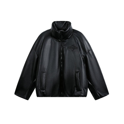 Women's Oversized Faux Leather Bomber Jacket with High Stand-Up Collar EVA-US
