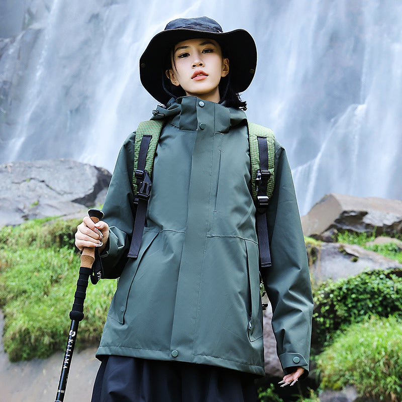 Women’s technical multi-layer hardshell rain jacket with adjustable hood, chest strap, and water-resistant zippers EVA-US