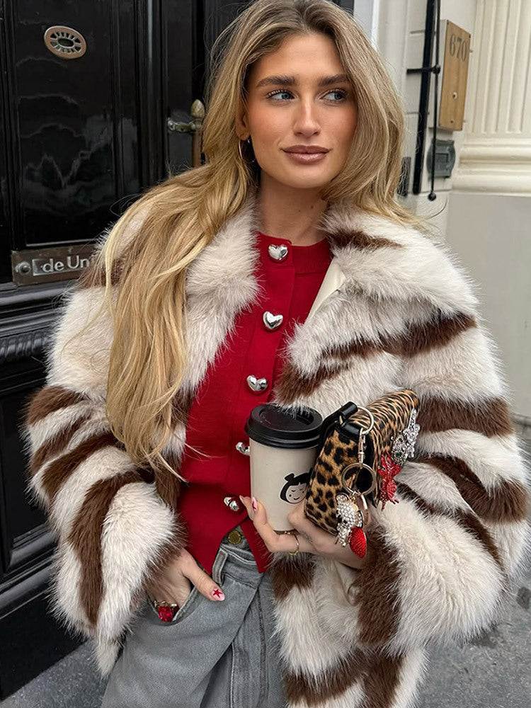 Women Striped Oversize Faux Fur Coat with Short Boxy Cut EVA-US