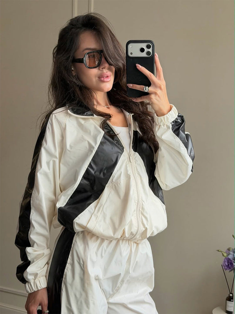Ladies Sportives Nylon Set with Boxy Zip Jacket and High-Waist Jogger EVA-US