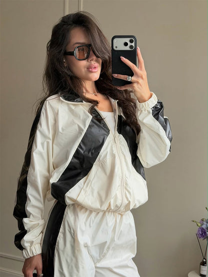 Ladies Sportives Nylon Set with Boxy Zip Jacket and High-Waist Jogger EVA-US