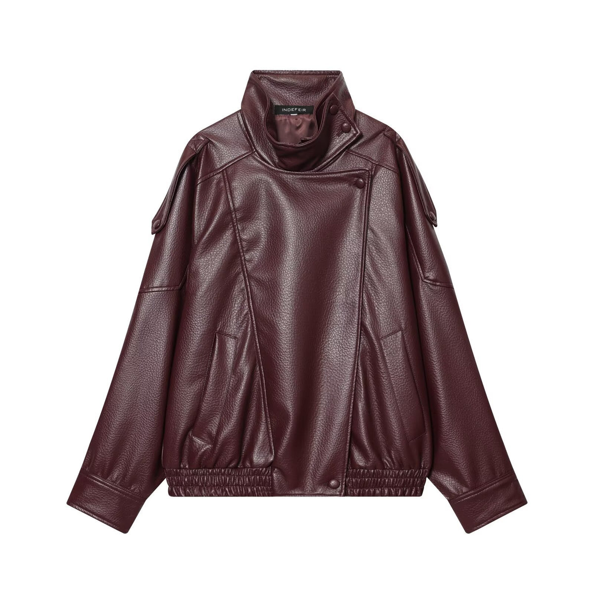 Ladies short-cut faux leather pilot jacket with high stand-up collar and shoulder straps EVA-US