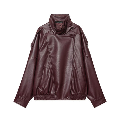 Ladies short-cut faux leather pilot jacket with high stand-up collar and shoulder straps EVA-US