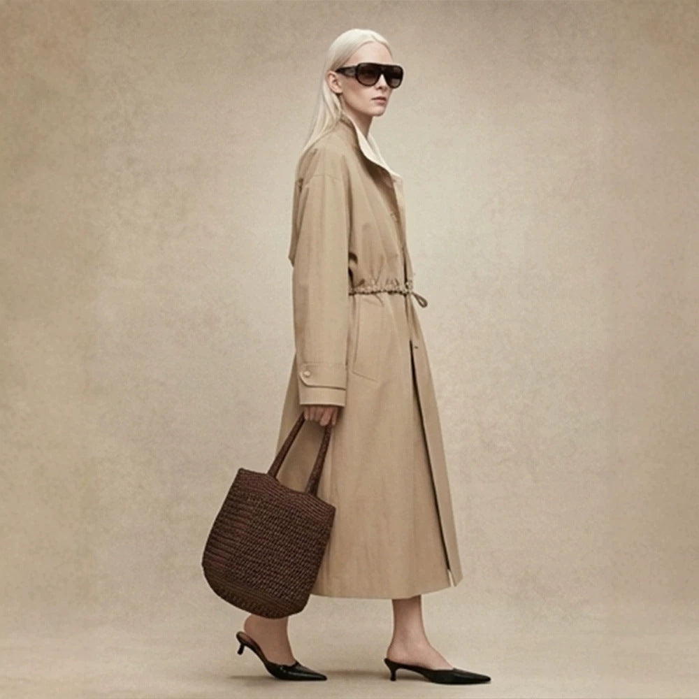 Women's Tailored Coat in Trench Coat Style with Drawstring Waist and Contrast Collar EVA-US