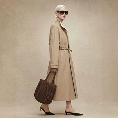 Women's Tailored Coat in Trench Coat Style with Drawstring Waist and Contrast Collar EVA-US