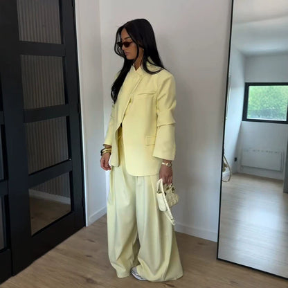 Women Two-Piece Oversized Blazer with Stand Collar and Wide Pleat Trousers EVA-US