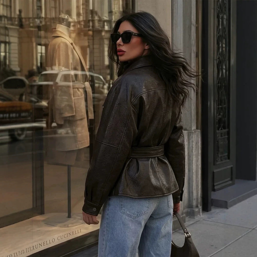 Women's Tailored Faux Leather Biker Jacket with Tied Belt and Dropped Shoulder EVA-US