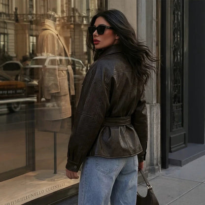 Women's Tailored Faux Leather Biker Jacket with Tied Belt and Dropped Shoulder EVA-US