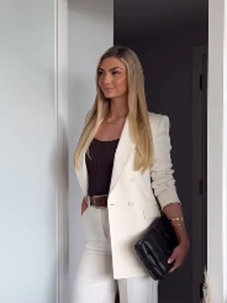 Women Fitted Double-Breasted Long Blazer with Light Shoulder Pads and Clean Lapels EVA-US
