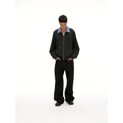 Unisex Short Cut Pinstripe Blouson Jacket with Contrasting Shirt Collar and Full Zipper EVA-US