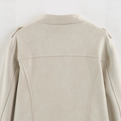 Women Short Military Jacket with Decorative Button Placket and Stand Collar EVA-US