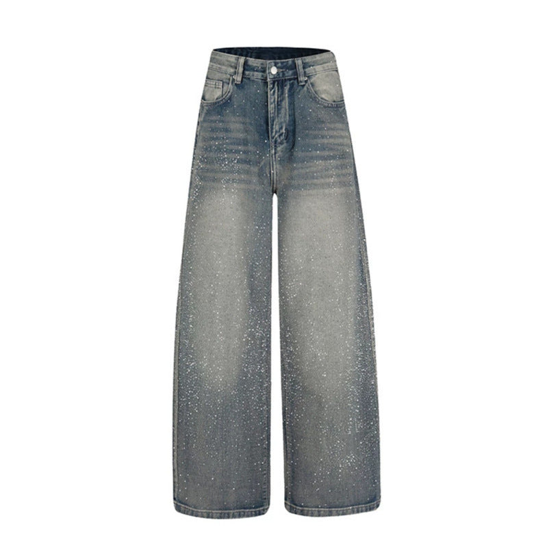 Women wide high-cut palazzo jeans with glitter effect and vintage wash EVA-US