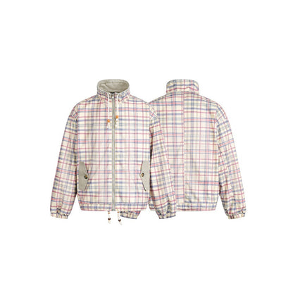 Women's lightly padded checkered boxy bomber jacket with drawstring hem, wooden bead cord and patch pockets EVA-US
