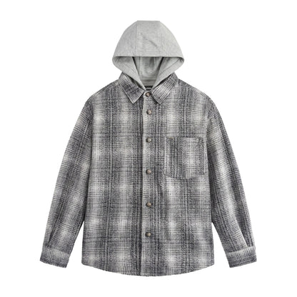 Men's Hooded Overshirt in Wool Blend with Check Pattern and Inserted Chest Pocket EVA-US