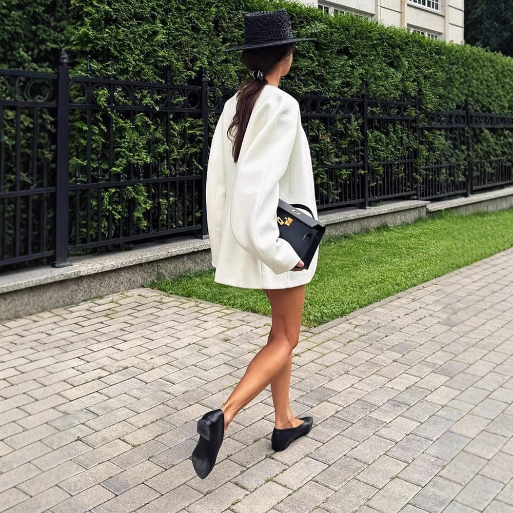 Women Tailored collarless wool blend short coat with clear silhouette EVA-US