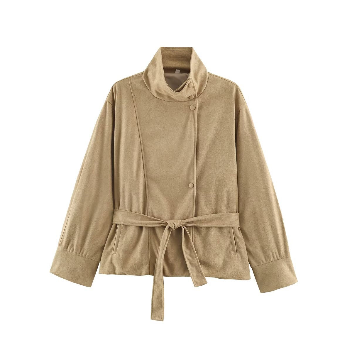 Women's Boxy Wrap Jacket in Velour Look with High Stand-Up Collar and Tie Belt EVA-US