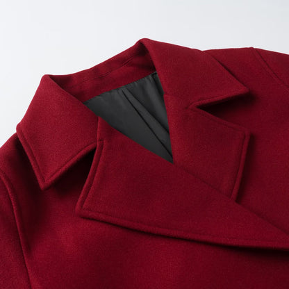 Women Short Double-Breasted Wool Mix Short Coat with Large Lapels, Roll-Up Cuffs and Flap Pockets EVA-US