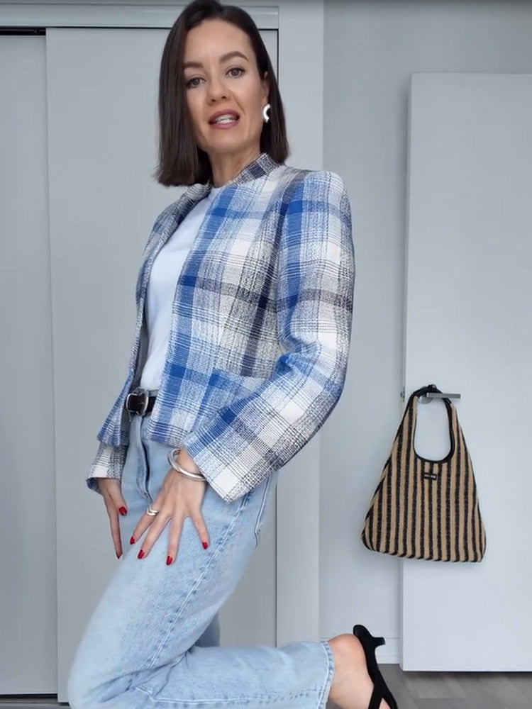 Women’s Boxy Checkered Short Blazer with Stand Collar and Structured Shoulder Area EVA-US