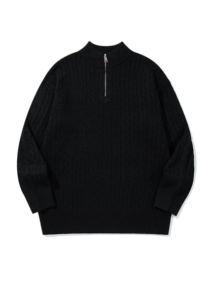 Unisex Cable Knit Half-Zip Sweater with High Ribbed Collar and Longer Hem EVA-US