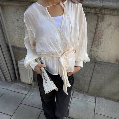 Women Elegant Wrap Blouse with Tie Belt and Voluminous Balloon Sleeves EVA-US